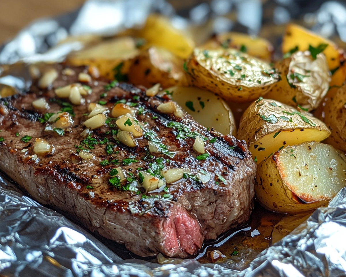 steak and potato foil dinner, garlic butter steak packets, foil packet steak recipe, steak and potato camping meal, garlic steak dinner ideas