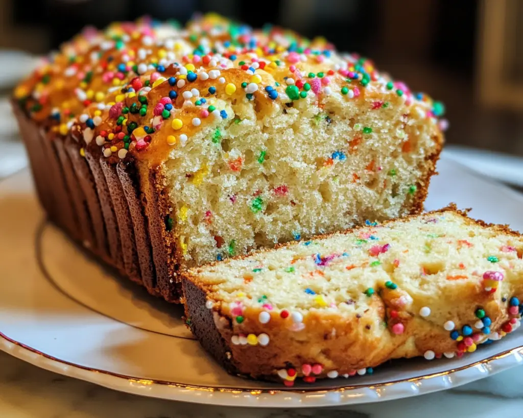 Christmas sprinkle bread, festive funfetti loaf, holiday quick bread, sprinkle holiday bread, funfetti dessert bread