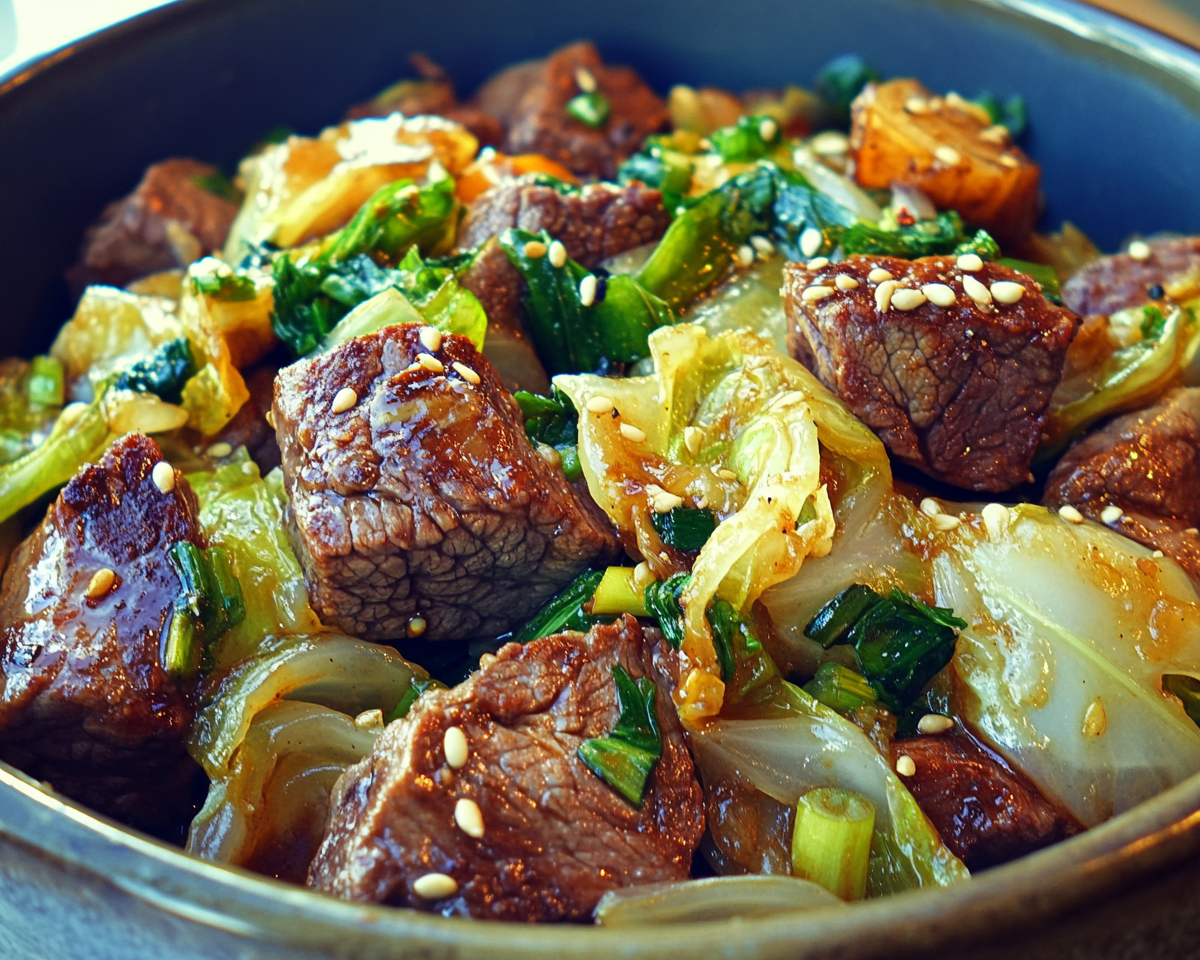 Napa cabbage and beef recipe, healthy cabbage stir-fry, quick beef stir-fry, beef and vegetable skillet, Napa cabbage dinner recipe