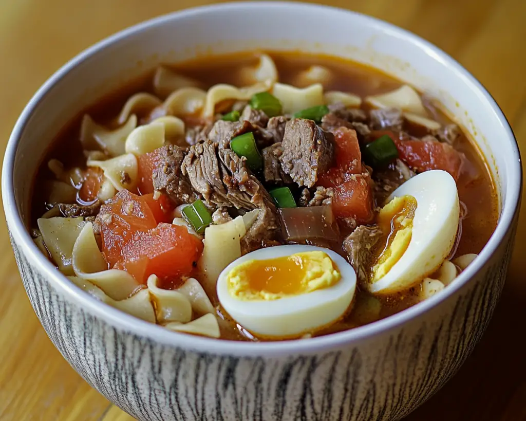 beef noodle soup with tomato and egg, Asian-style noodle soup, tomato beef noodle recipe, comforting noodle soup, egg drop beef soup