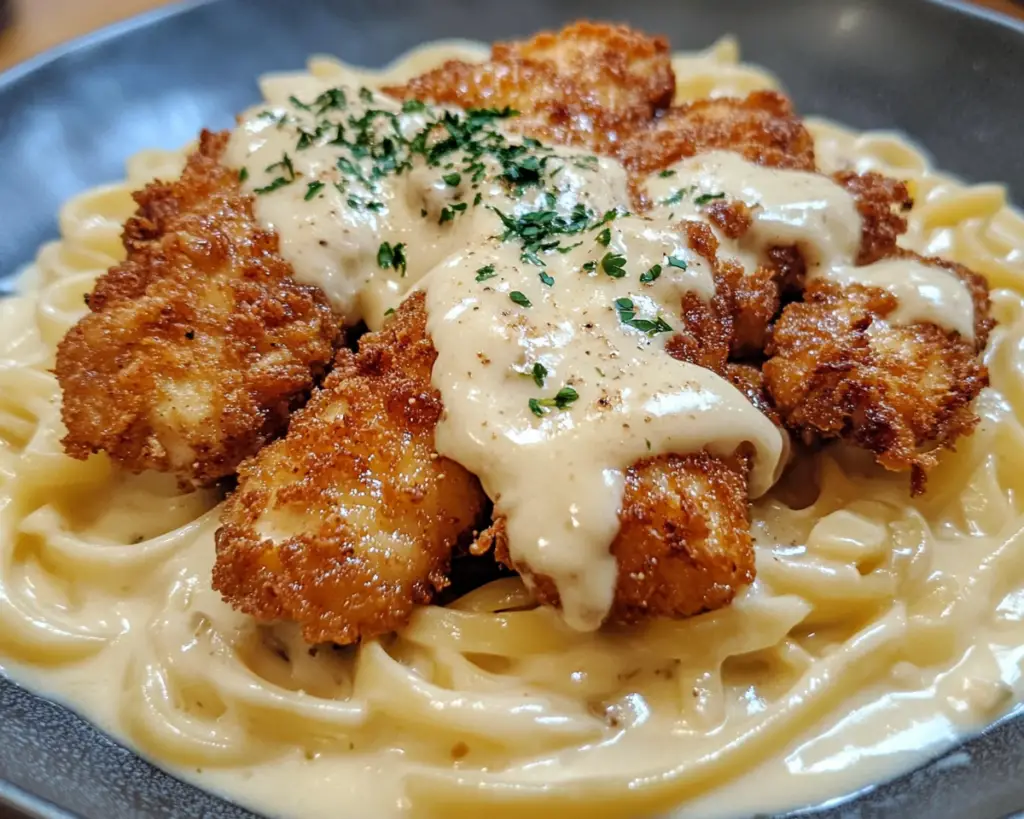 crispy chicken Alfredo pasta, creamy chicken Alfredo, breaded chicken Alfredo, chicken Alfredo with crispy chicken, Italian Alfredo pasta recipe