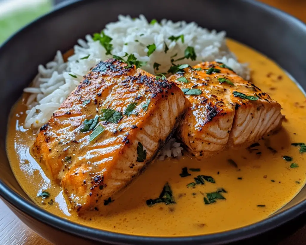 Thai salmon curry, creamy coconut curry salmon, jasmine rice with curry, spicy coconut curry salmon, curry salmon dinner recipe