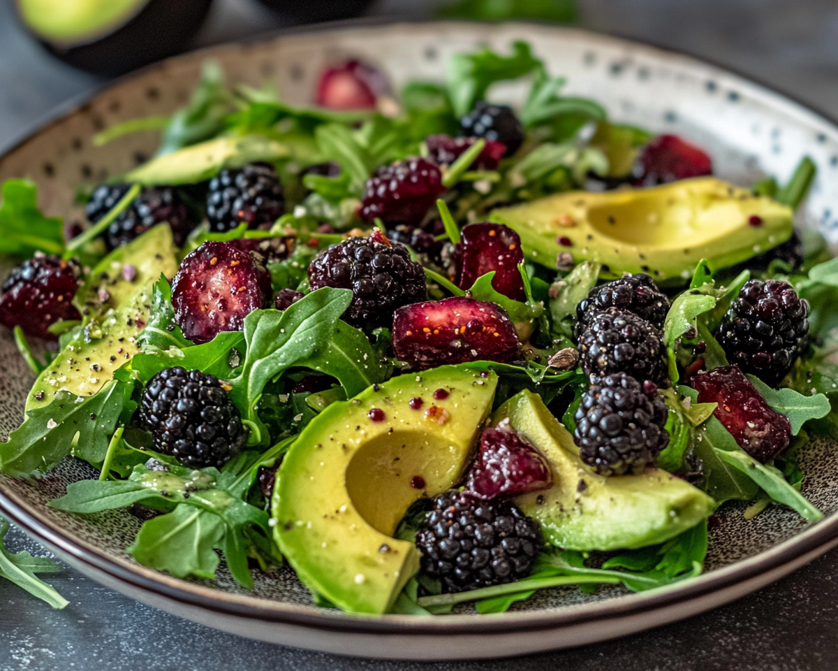 berry avocado salad, arugula salad with berries, lime mint dressing recipe, summer salad ideas, fresh blackberry salad