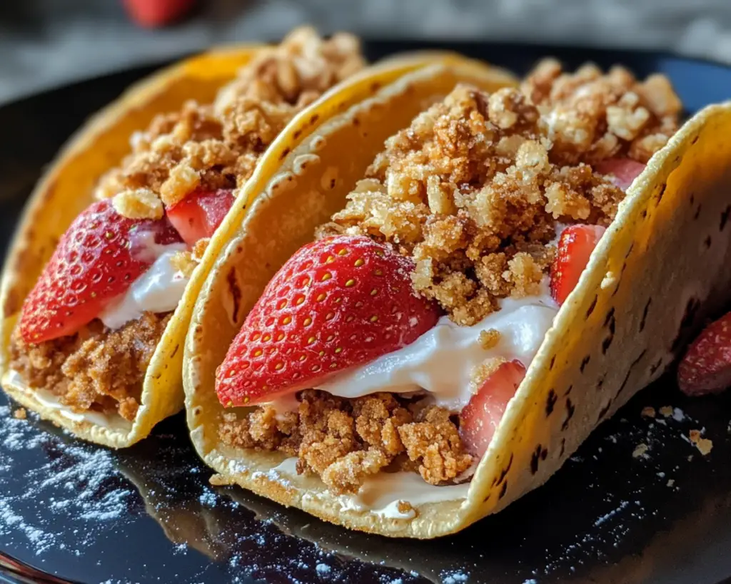 strawberry cheesecake tacos, crunchy dessert tacos, strawberry crunch dessert, cheesecake taco shells, strawberry dessert ideas