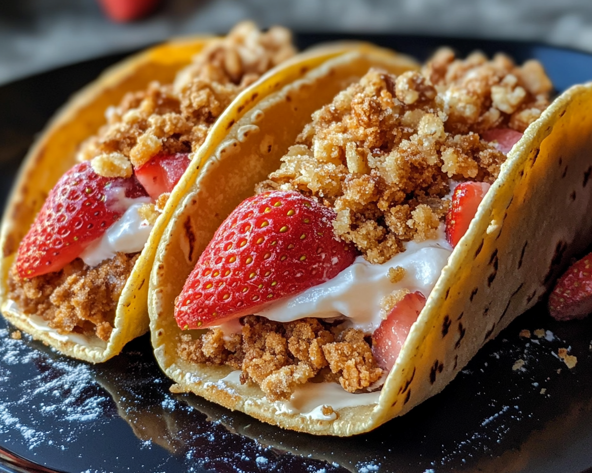 strawberry cheesecake tacos, crunchy dessert tacos, strawberry crunch dessert, cheesecake taco shells, strawberry dessert ideas