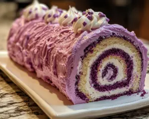 Velvet cake roll recipe, Purple cake roll, Cream cheese cake roll, Vibrant dessert ideas, Colorful velvet sponge roll