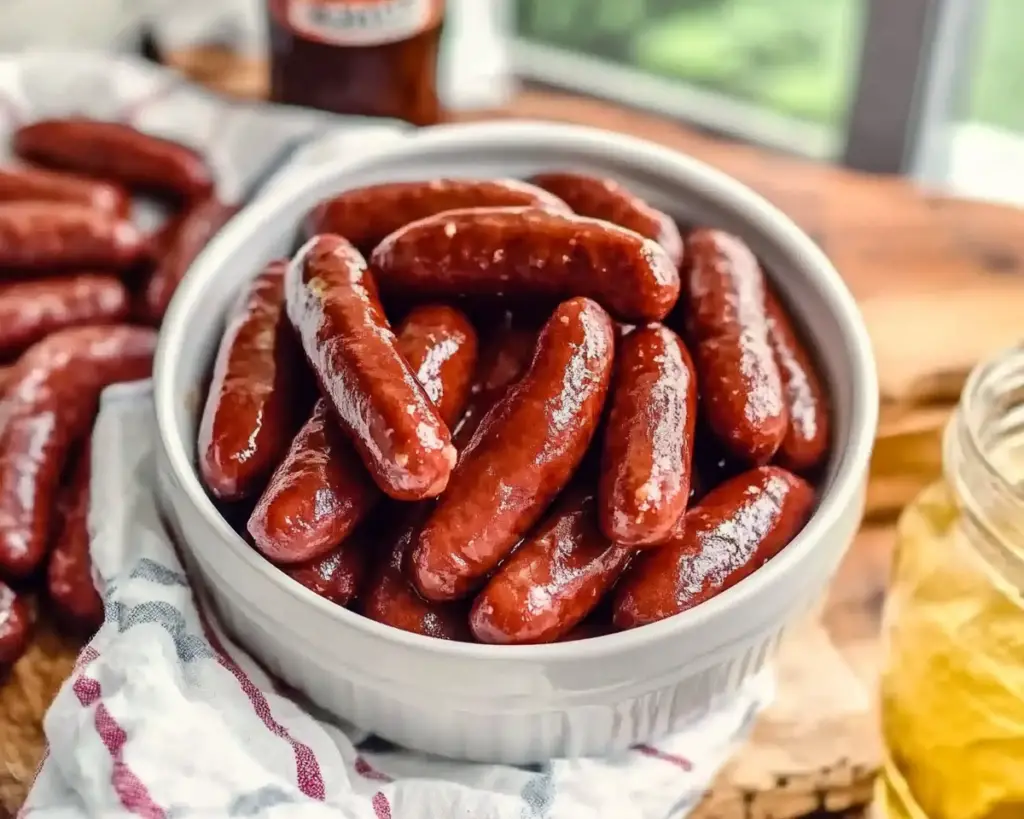 Cocktail sausages recipe, BBQ Little Smokies, Slow cooker smokies, Sweet and spicy mini sausages, Party sausage appetizers