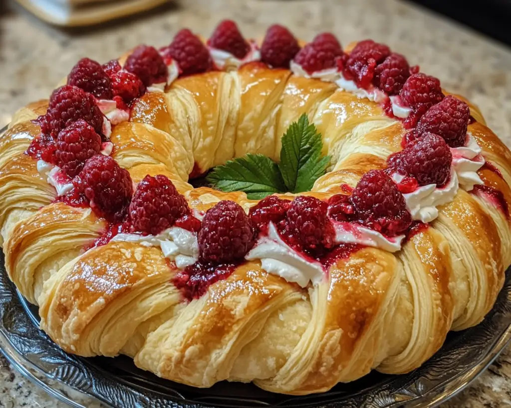 raspberry crescent dessert, cream cheese crescent recipe, raspberry cream ring, crescent roll raspberry dessert, flaky raspberry cream cheese ring