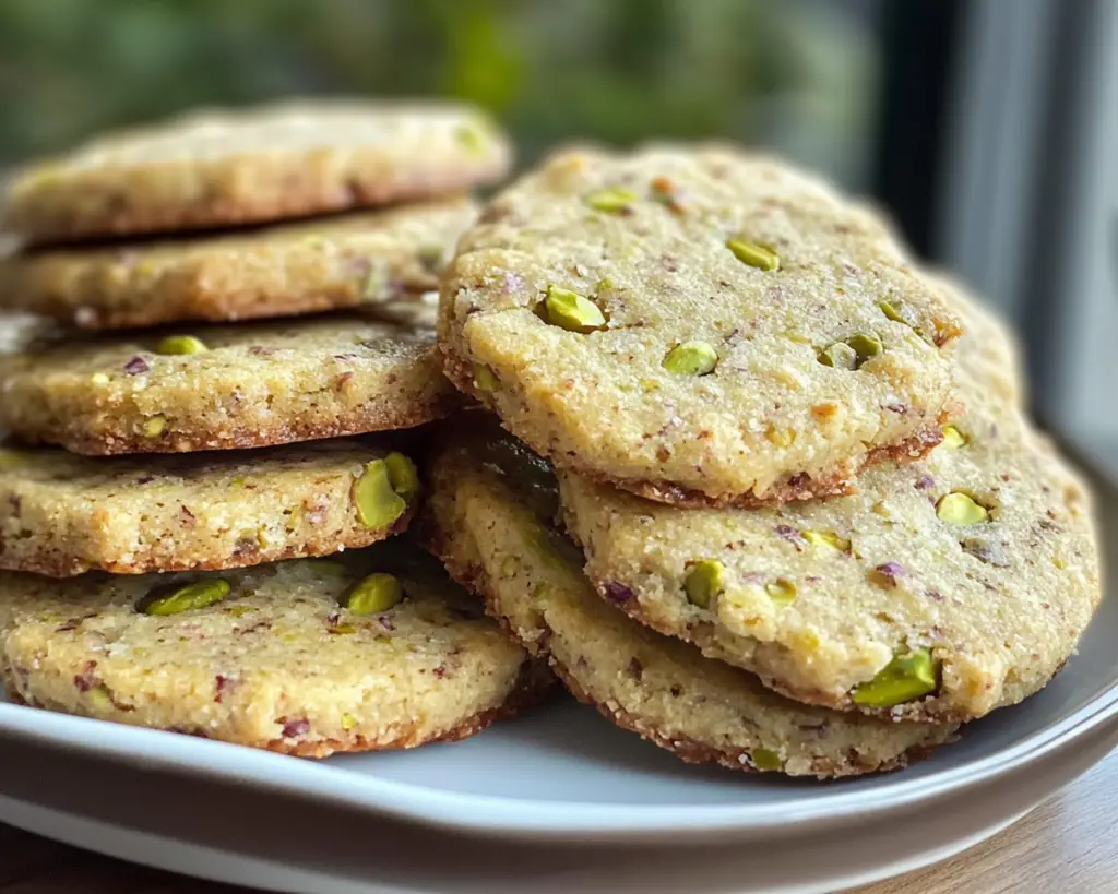 Pistachio cookies, nutty shortbread cookies, buttery pistachio cookies, pistachio dessert recipes, shortbread with pistachios