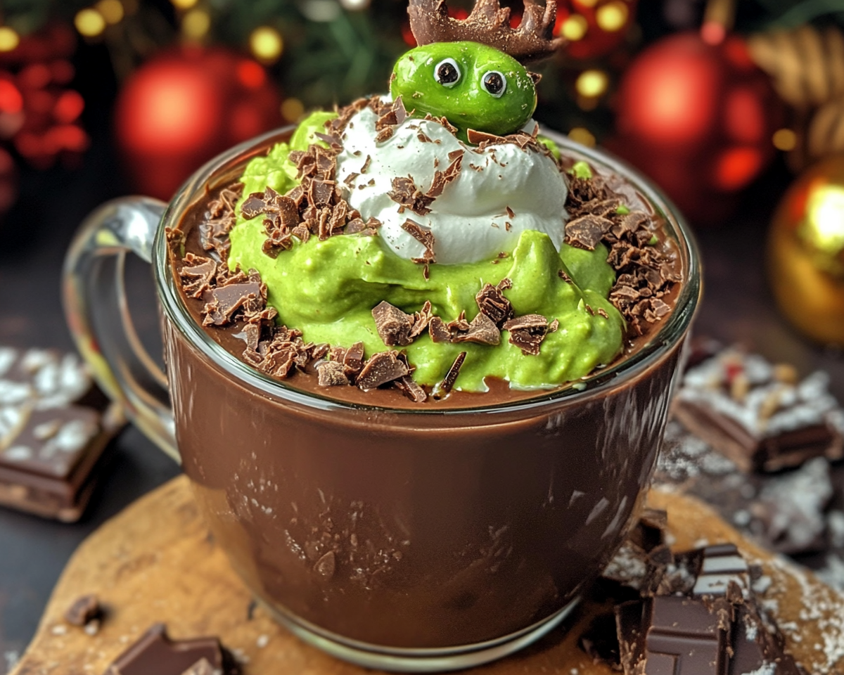 Grinch hot cocoa, festive green hot chocolate, slow cooker holiday drink, creamy Christmas cocoa, green holiday beverages