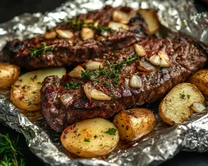 steak and potato foil packets, foil packet recipes, garlic steak dinner, steak foil wraps, grilled steak packets, one-pan steak meal