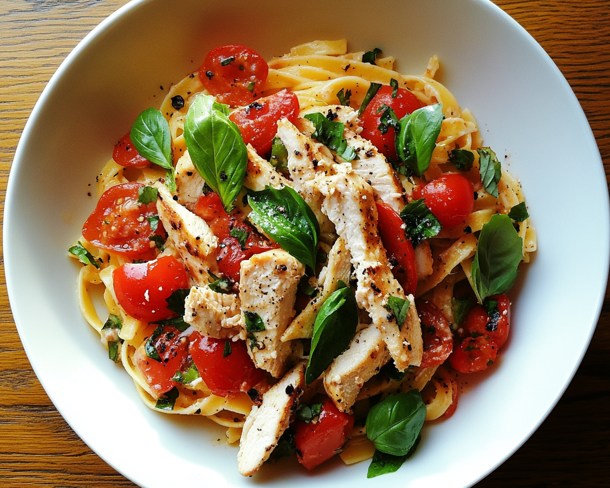 Chicken bruschetta pasta, tomato basil chicken pasta, Italian chicken pasta, balsamic chicken pasta, fresh tomato pasta with chicken