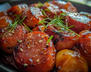 baked kielbasa recipes, BBQ smoked sausages, easy kielbasa dinner, oven-baked kielbasa, BBQ sausage recipe, caramelized kielbasa, BBQ glazed sausage, sweet and tangy kielbasa