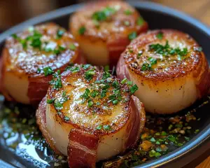 Crispy bacon scallops, bacon and scallop appetizers, easy bacon scallop recipe, pan-seared bacon wrapped scallops, scallop appetizer ideas