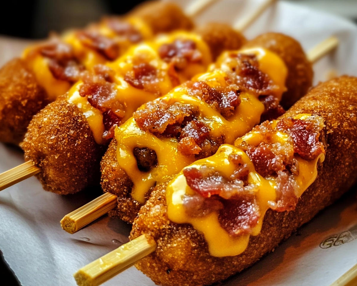 Bacon cheeseburger corn dogs, cheeseburger on a stick, deep-fried bacon burgers, crispy corn dogs, fun party food recipes