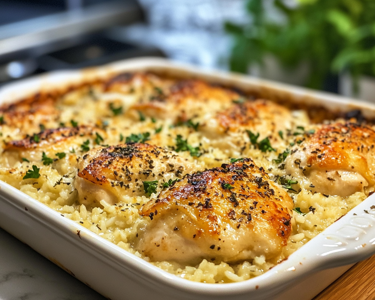 Chicken and rice bake, creamy chicken casserole, one-pan chicken and rice recipe, baked chicken casserole, rice and chicken comfort food