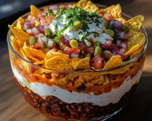 Seven-layer dip, layered Mexican dip, party dip recipe, taco-inspired dip, creamy bean dip, appetizer ideas, easy layered appetizer