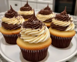 cream-filled cupcakes, chocolate ganache cupcakes, vanilla cupcakes with pastry cream, mini Boston cream pie, elegant dessert cupcakes