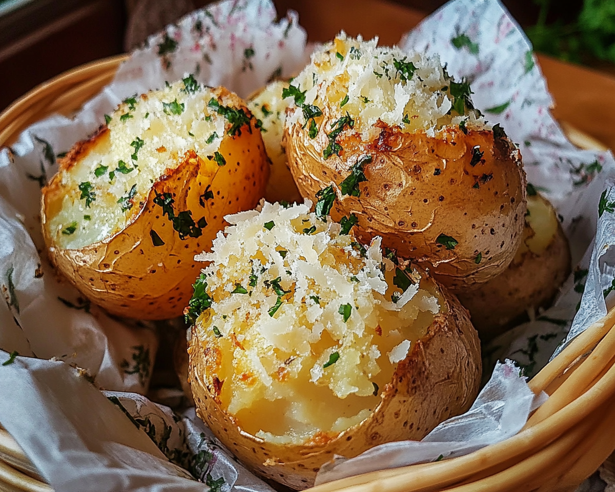 cheesy baked potatoes, garlic Parmesan potatoes, roasted Parmesan potatoes, crispy baked potatoes, oven-baked Parmesan potatoes