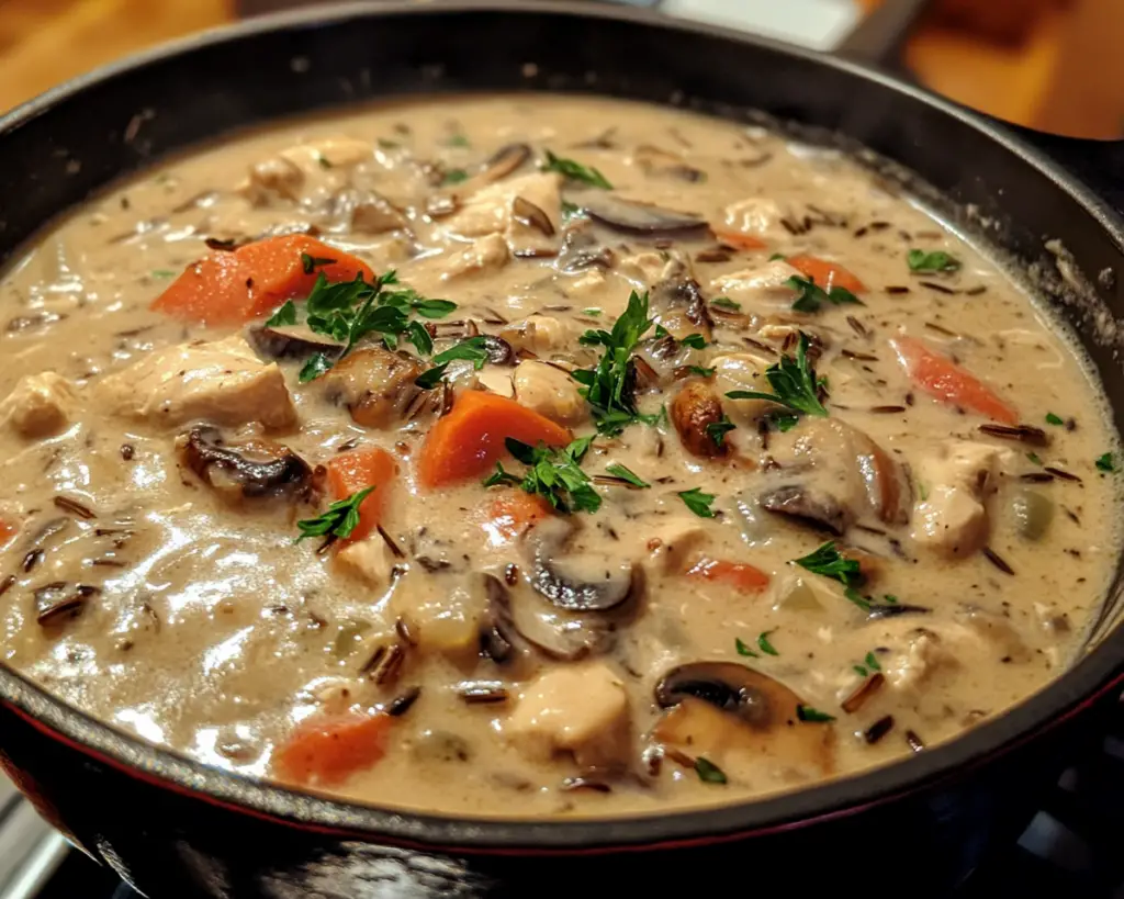 wild rice chicken mushroom soup, creamy chicken soup recipe, mushroom rice soup, hearty chicken soup with rice, wild rice creamy soup