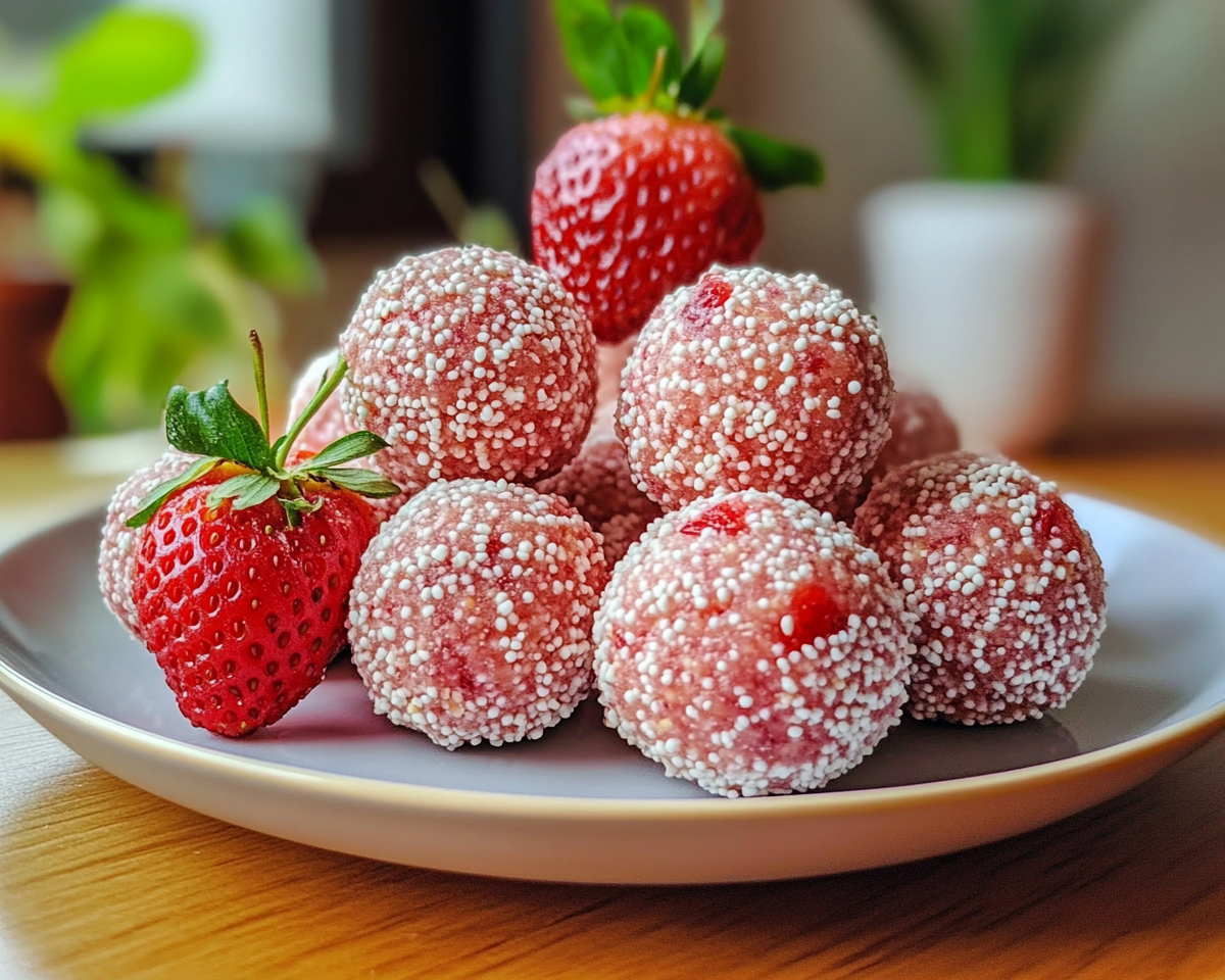 strawberry energy bites, no-bake strawberry snacks, healthy strawberry balls, dessert energy bites, strawberry protein balls, easy energy ball recipe