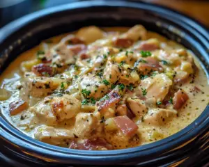 creamy chicken carbonara, slow cooker chicken pasta, one-pot chicken carbonara, crockpot creamy carbonara, easy chicken carbonara recipe, creamy slow cooker pasta