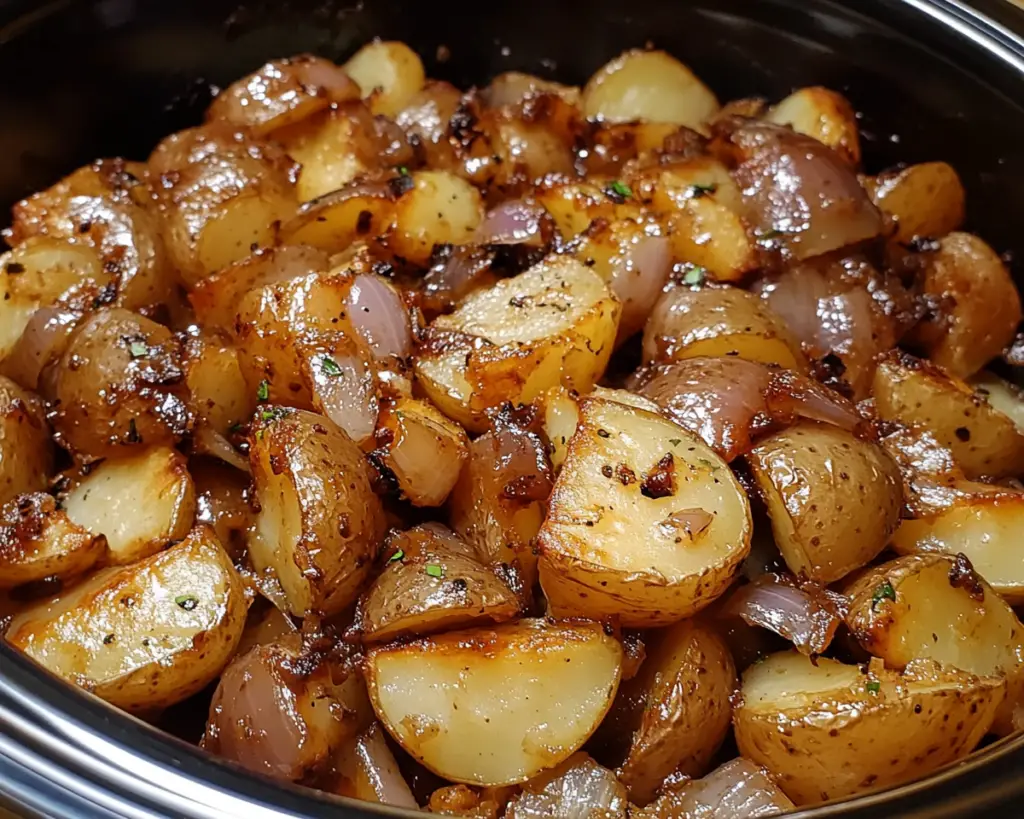 onion soup mix potatoes, crockpot onion potatoes, slow-cooked potatoes with seasoning, Lipton onion potato recipe, savory potato side dish