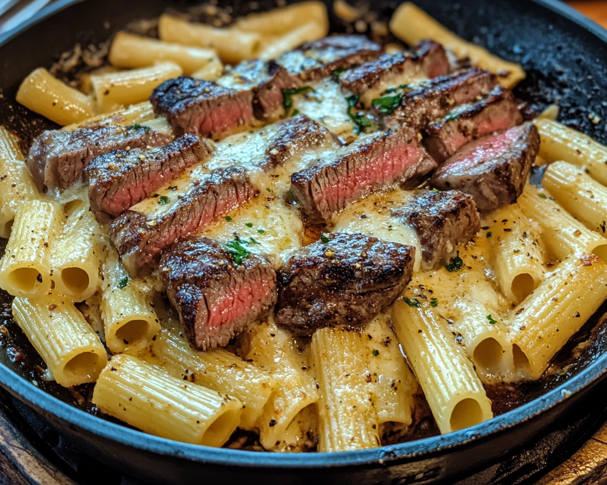 steak pasta recipe, garlic steak rigatoni, creamy garlic butter pasta, steak and rigatoni dish, hearty pasta with steak, garlic butter sauce pasta