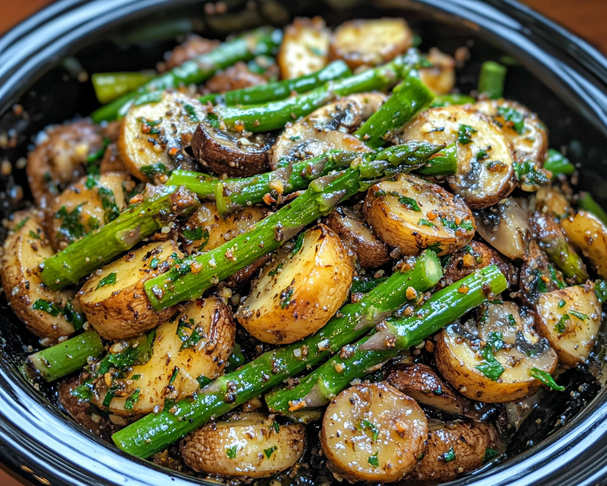 garlic butter asparagus, slow-cooked vegetables, crockpot asparagus and mushrooms, buttery garlic mushrooms, vegetable side dish, slow cooker garlic recipes