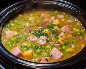 split pea soup with ham, crockpot pea and ham soup, ham and pea slow cooker soup, green split pea soup, hearty soup recipes, smoky ham soup