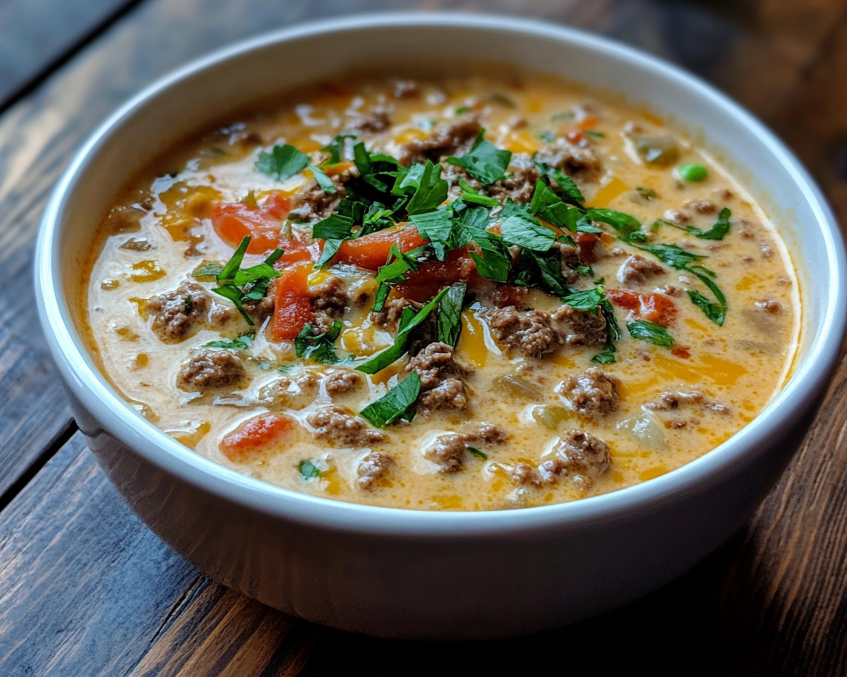 cheeseburger soup recipe, creamy ground beef soup, cheesy potato soup, hearty hamburger soup, quick cheeseburger soup, comfort food soup recipe