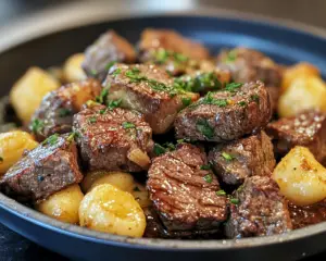 Air fryer gnocchi, steak bites recipe, air fryer steak, garlic butter steak bites, crispy gnocchi recipe, quick air fryer dinners