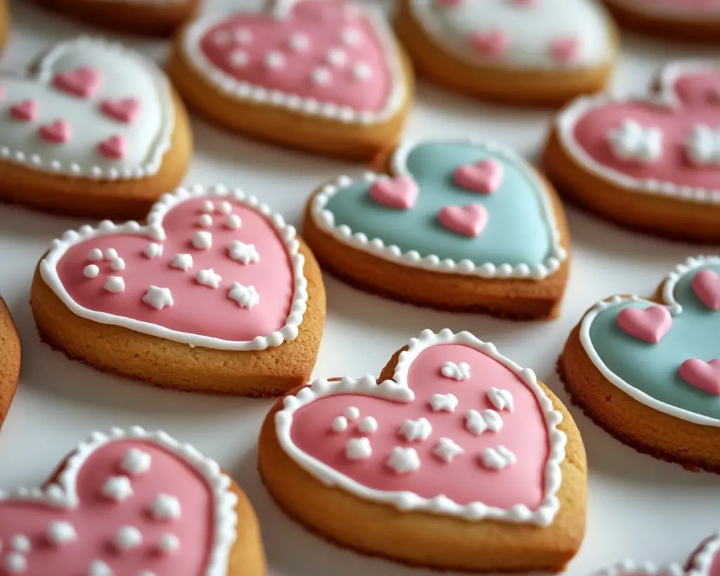 Valentine cookies recipe, royal icing for Valentine cookies, heart-shaped cookies, decorated Valentine’s cookies, sugar cookies with royal icing