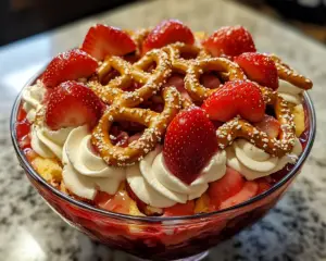 strawberry pretzel dessert, sweet and salty strawberry salad, classic Jell-O desserts, strawberry pretzel crust dessert, layered strawberry salad