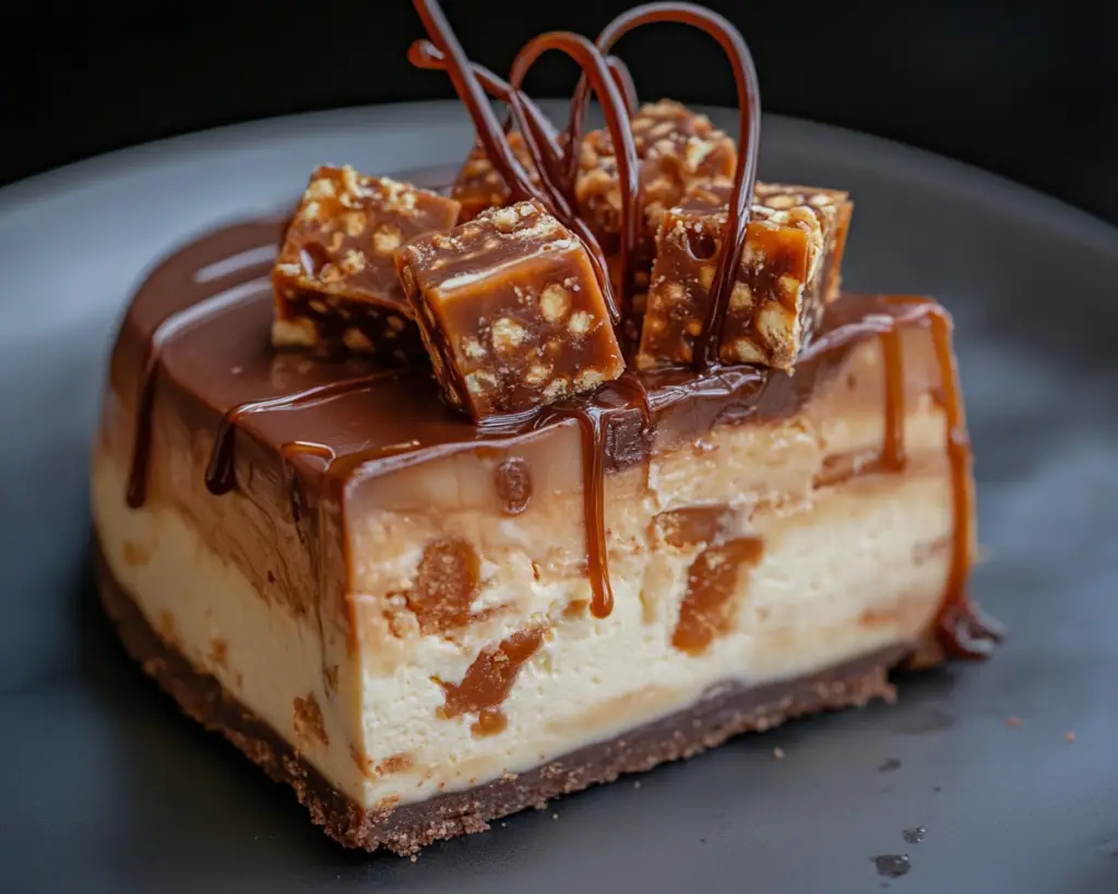 caramel cheesecake recipe, candy bar cheesecake, caramel dessert recipe, cheesecake with candy bars, chocolate caramel cheesecake