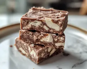 rocky road chocolate fudge, no-bake rocky road dessert, homemade fudge recipe, marshmallow and nut fudge, simple rocky road candy