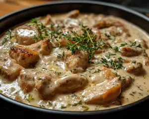 lemon thyme chicken, creamy chicken recipe, lemon herb chicken, thyme chicken dish, creamy lemon chicken, easy skillet chicken recipe