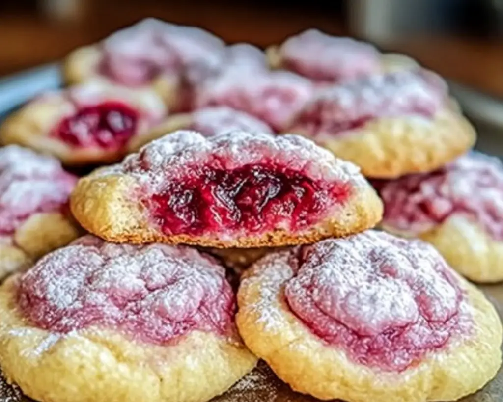 raspberry cookies, chewy sugar cookies, fruity sugar cookies, raspberry dessert recipe, soft cookies with raspberries, raspberry treat recipe