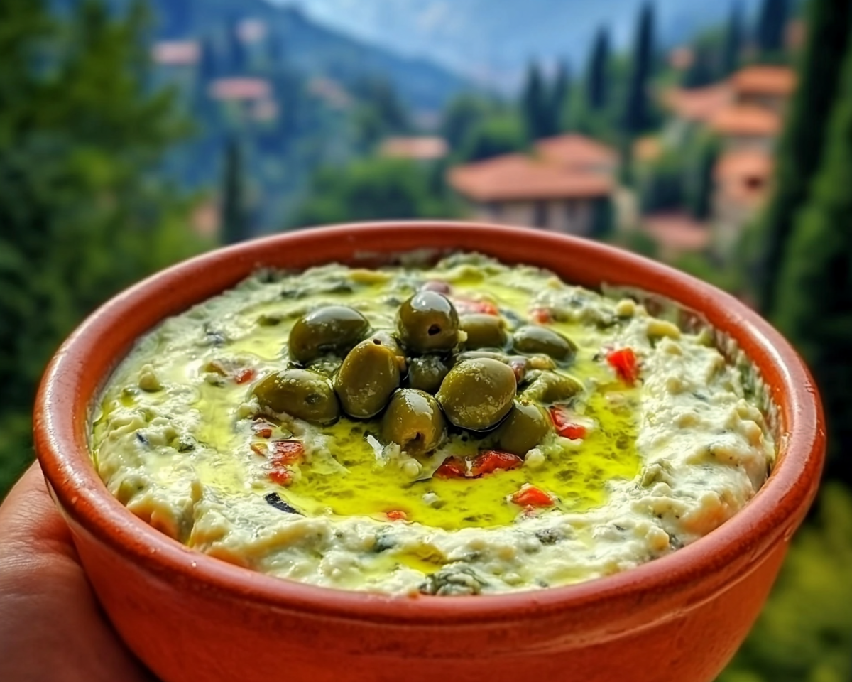 Mediterranean dip, olive feta spread, creamy olive dip, tangy feta cheese dip, appetizer with green olives, easy Mediterranean recipes