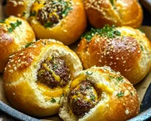 cheeseburger bites, garlic butter bombs, parmesan cheeseburger snacks, mini burger appetizers, garlic cheeseburger balls, party cheeseburger recipes