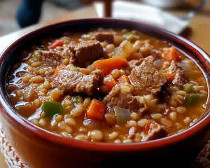 hearty beef soup, classic barley soup, beef and vegetable soup, slow-cooked beef soup, barley stew recipe, beef and grain soup, comfort food soup