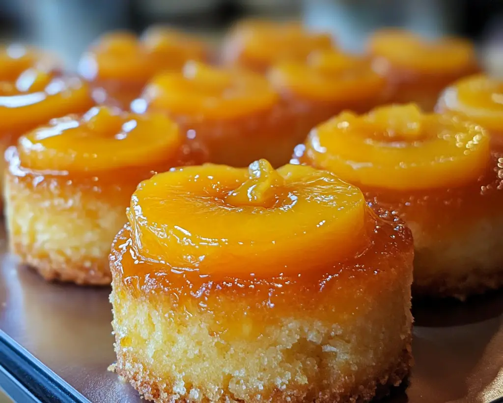 Mini peach cakes, upside-down peach desserts, individual peach cakes, peach cupcake recipe, caramelized peach mini cakes, peach upside-down cupcakes