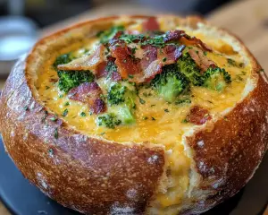 Cheddar broccoli bread bowl soup, bacon broccoli soup recipe, creamy broccoli cheddar soup, bread bowl cheddar soup, bacon and cheese soup, broccoli bread bowl soup, comfort food bread bowl soup