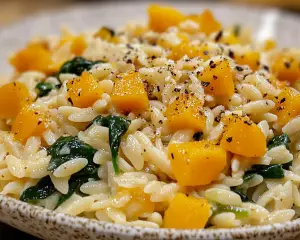 Butternut squash orzo recipe, creamy spinach orzo pasta, roasted vegetable orzo, vegetarian orzo dish, orzo fall recipes, butternut squash and spinach pasta