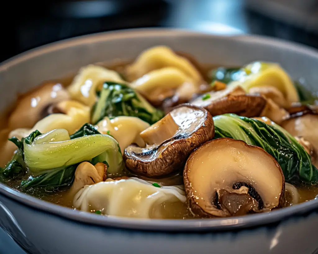 Dumpling soup with bok choy, mushroom dumpling soup, Asian potsticker soup, bok choy soup with dumplings, hearty potsticker soup recipe