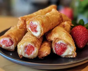 Cheesecake eggroll bites, strawberry dessert bites, crispy cheesecake rolls, fried cheesecake eggrolls, strawberry cream cheese eggrolls, dessert eggroll recipes