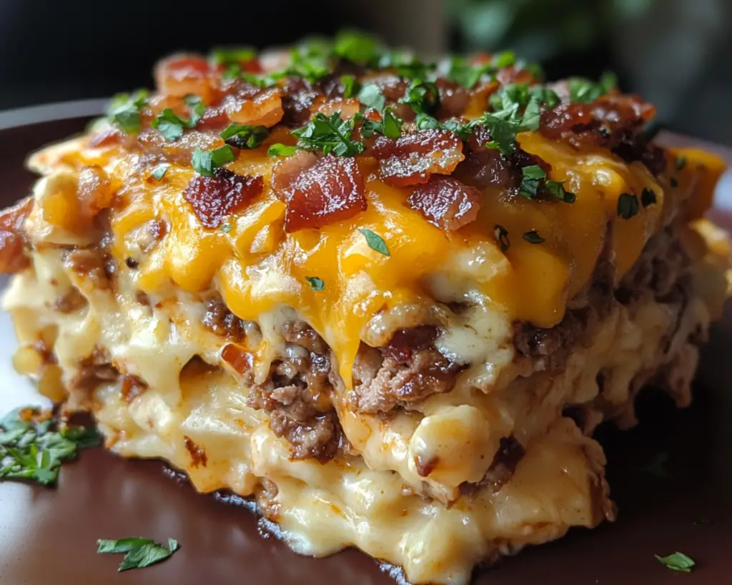 cowboy cheeseburger casserole, BBQ bacon turkey casserole, loaded BBQ casserole recipe, turkey bacon cheeseburger bake, cowboy BBQ casserole dish