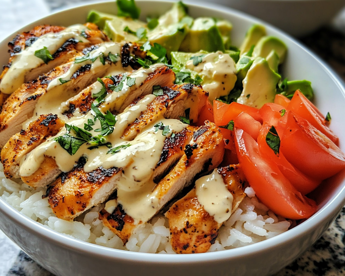 garlic chicken rice bowl, creamy chicken rice bowls, rice bowls with garlic sauce, easy chicken and rice recipes, healthy garlic chicken bowls