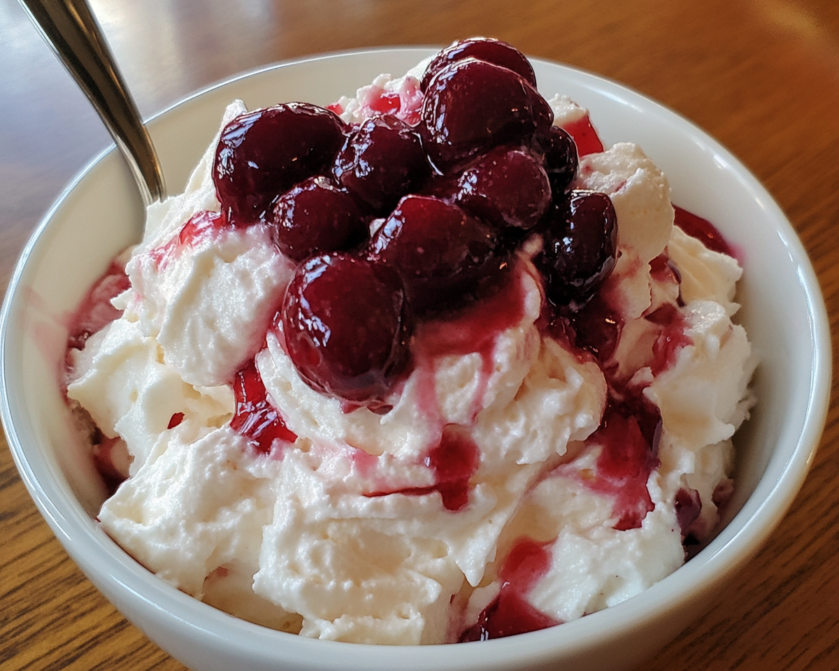 no-bake cherry dessert, creamy cherry cheesecake fluff, cherry fluff salad, easy cheesecake fluff recipe, cherry dessert with whipped topping