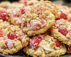 strawberry crumble cookies, cream cheese cookies with strawberry, strawberry cookies recipe, crumble topping cookies, strawberry cream cheese dessert